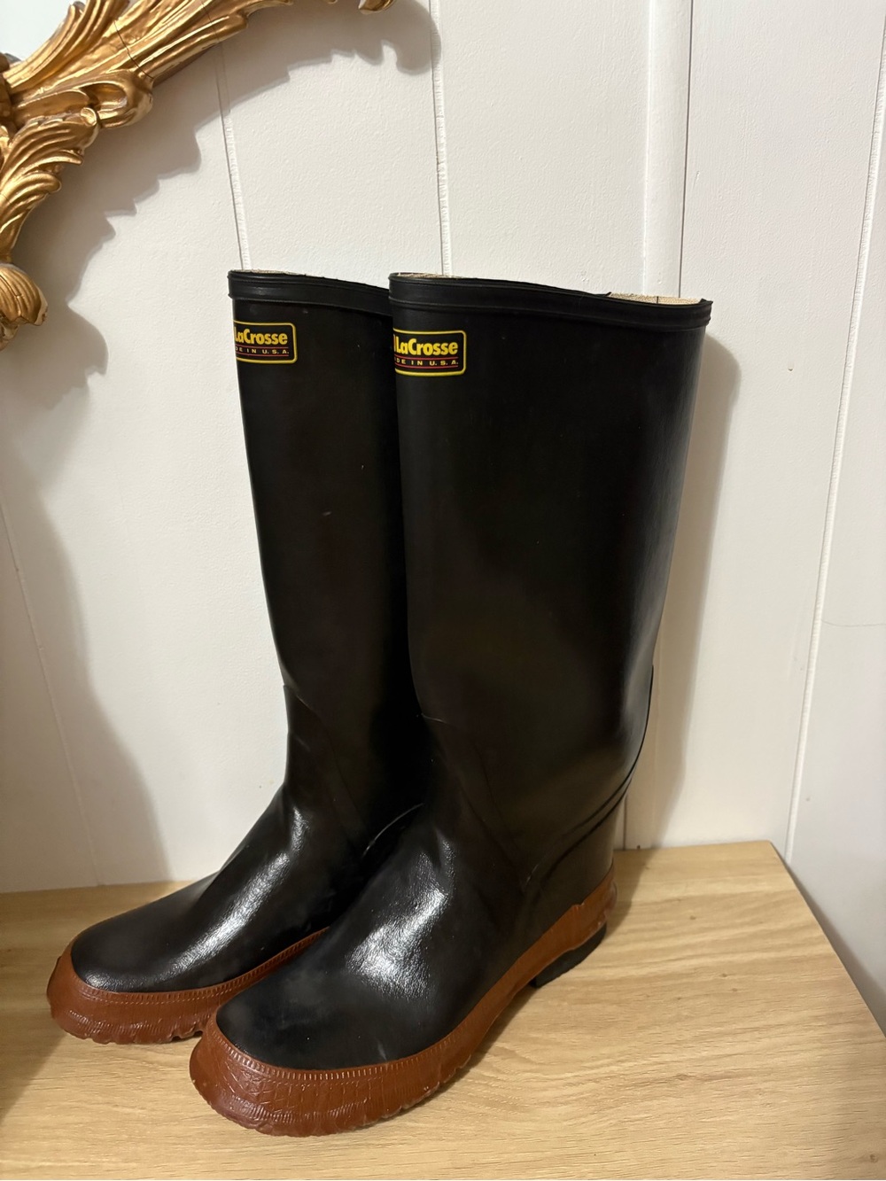 LaCrosse Black Tall Rain Boots with Brown Outsole Trim